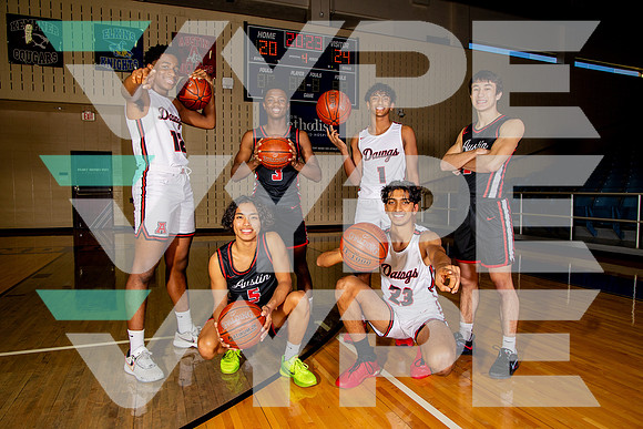 AUSTIN_BB_1 Sachin Gopalakrishnan, 2 Jordan Turner, 3 Chrishun Fitch, 5 Jonah Rebueno, 12 Xavier Ikemefuna, 23 Shyam Patel-(BROWN)